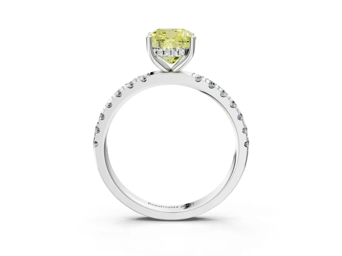 Fancy Yellow Cushion Cut Diamond Pave Band Solitaire Ring with Round and Prong Setting Silver