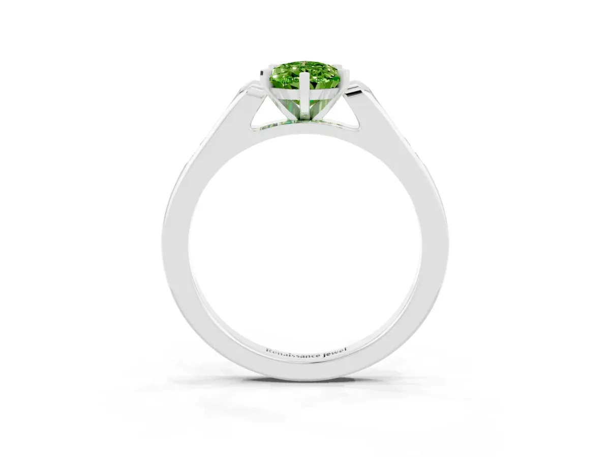 Pear Cut Peridot Solitaire Ring with Channel Set Round Band and Prong Setting Silver