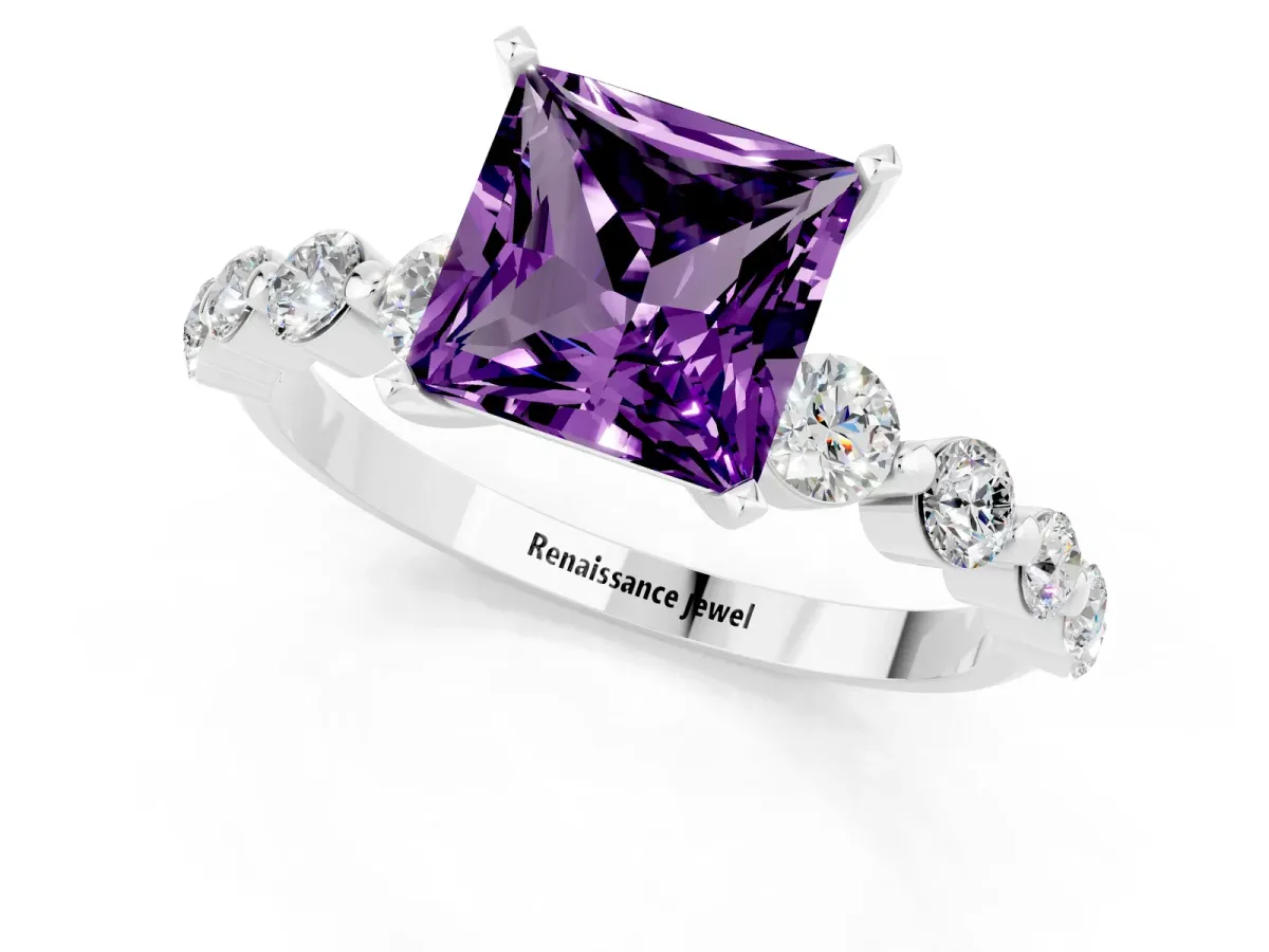 Princess Cut Solitaire Amethyst Ring with Pave Band and Four-Prong Setting Silver