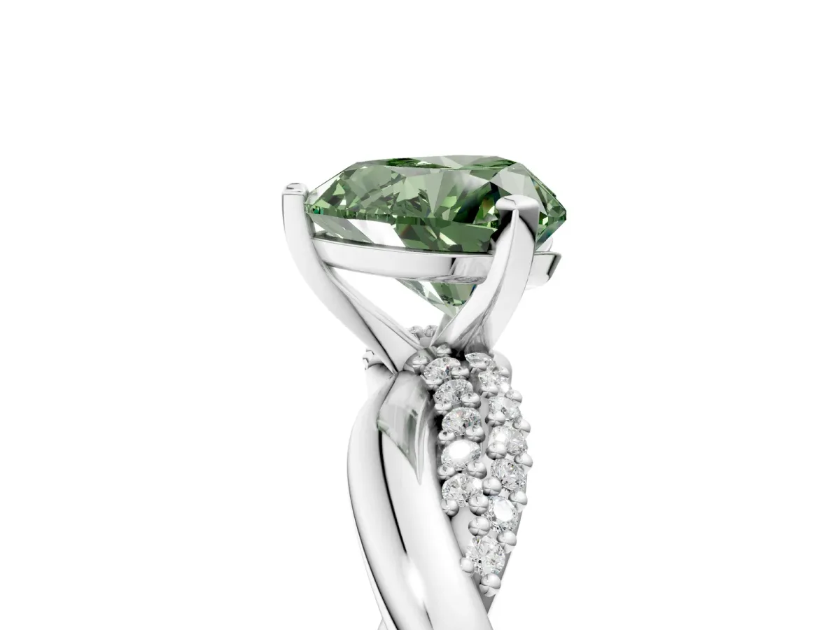 Fancy Green Heart Cut Solitaire Twist Band with Pave Prong Setting Platinum