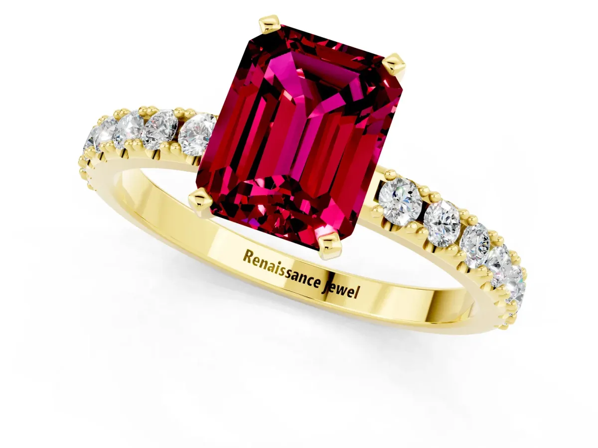 Emerald Cut Garnet Solitaire Pavé Band with Four-Prong Setting Yellow gold
