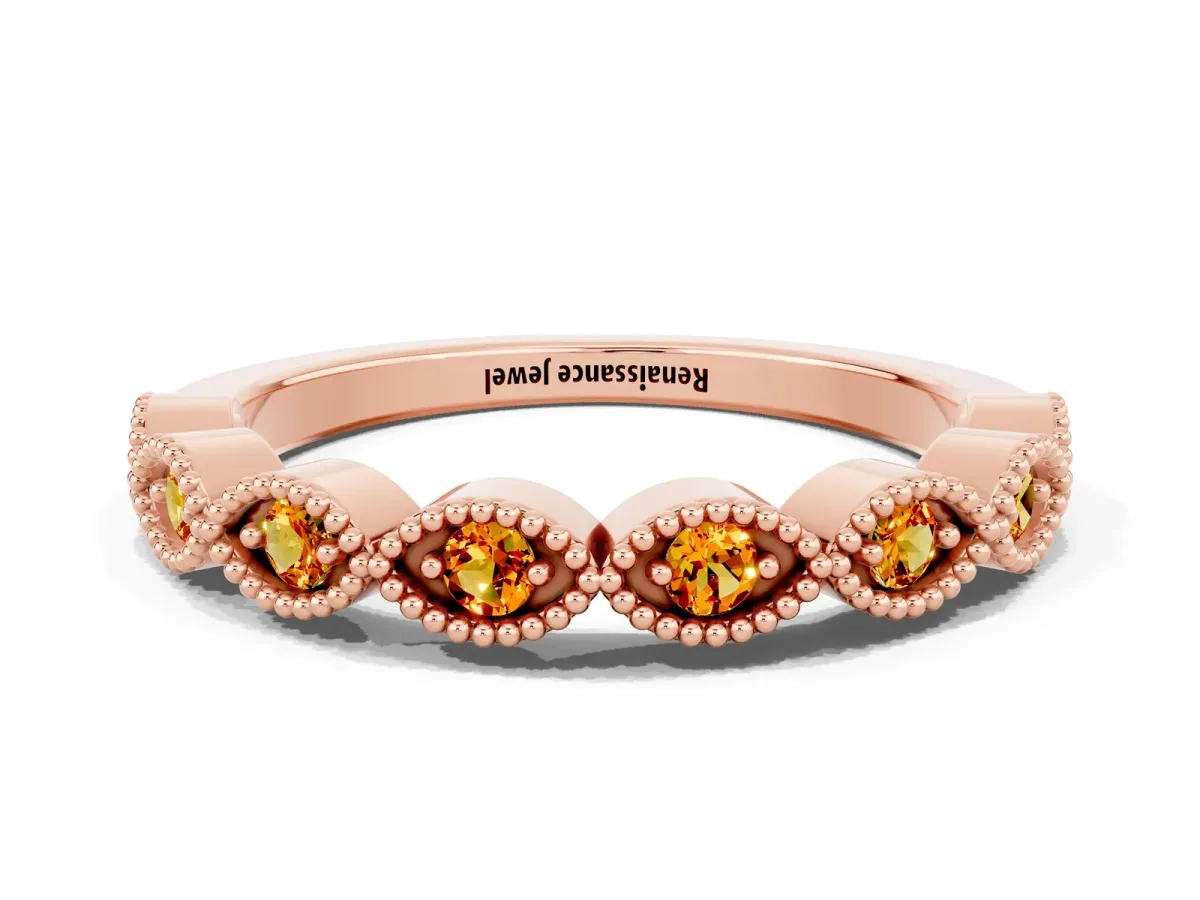 Milgrain Marquise Citrine Half Eternity Band with Bezel Setting Rose gold