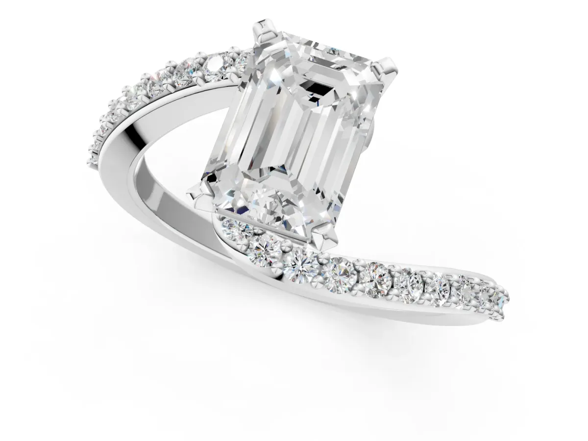 Emerald Cut Solitaire Twist Band with Pave Set Diamonds and Four-Prong Setting Platinum