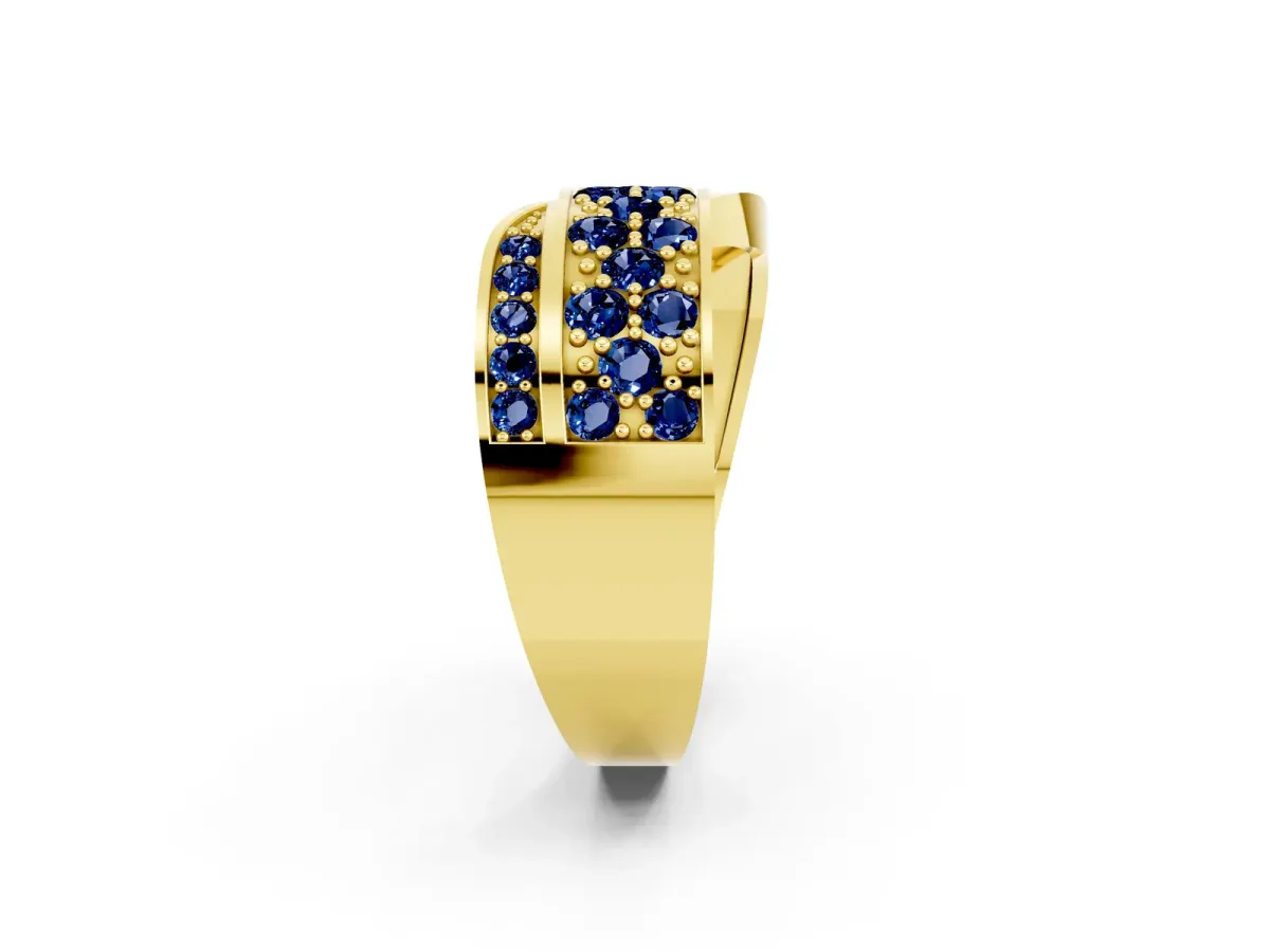 Pavé Round Blue Sapphire Crossover Band with Bead Prong Setting Yellow gold