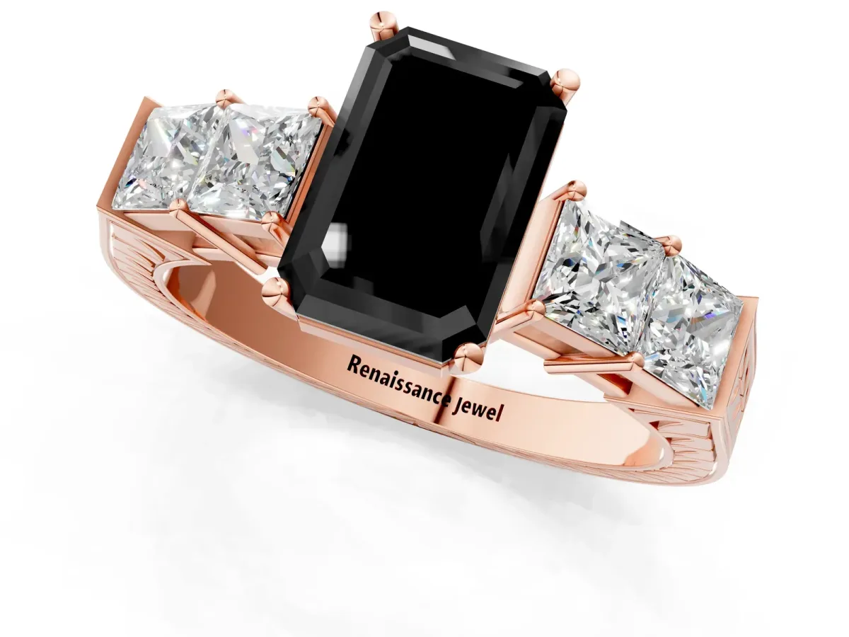 Fancy Black Emerald Cut Solitaire Princess Side Stone Engraved Band Prong Setting Ring Rose gold