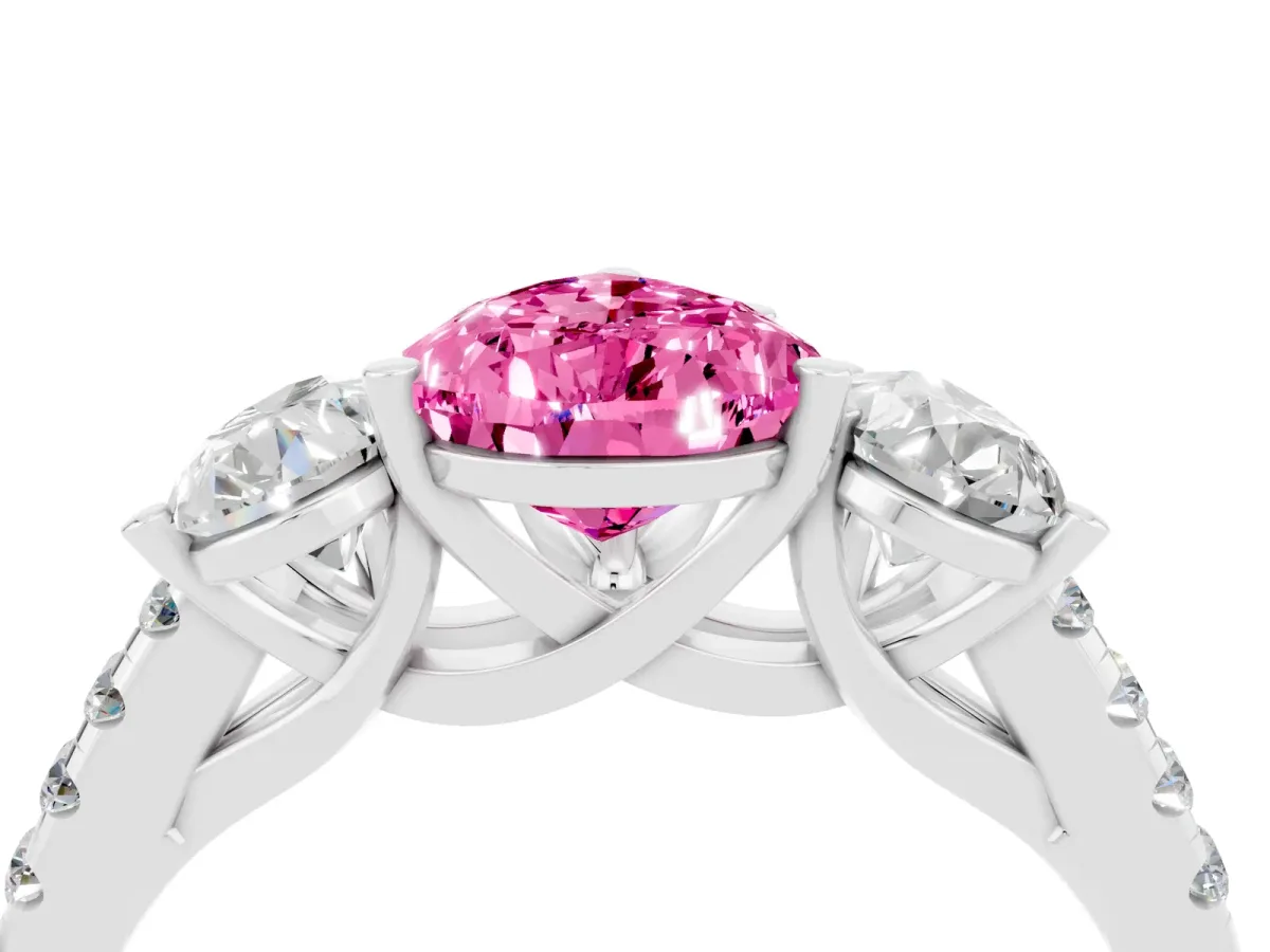 Three-Stone Pear Cut Pink Sapphire Ring with Round Pavé Band and Prong Setting Silver