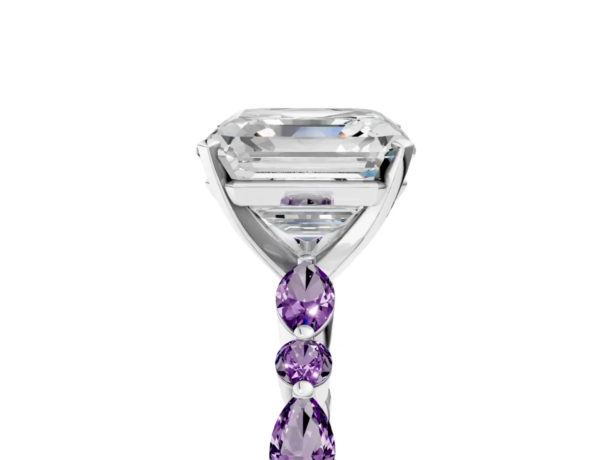 Asscher Cut Diamond Ring with Marquise and Round Amethyst Side Stones and Four-Prong Setting Silver