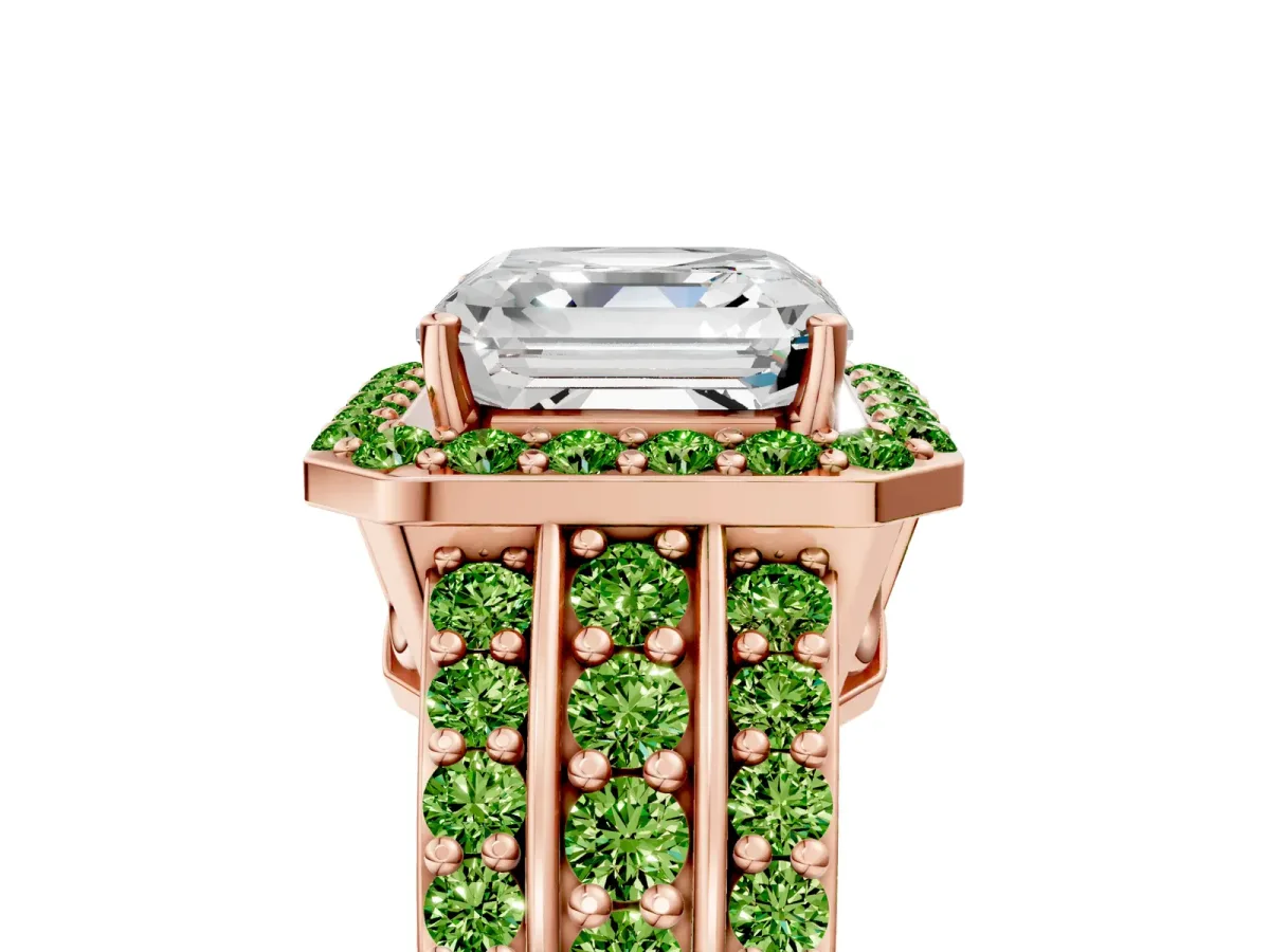Asscher Cut Halo Diamond Ring with Round Peridot Split Shank and Prong Setting Rose gold