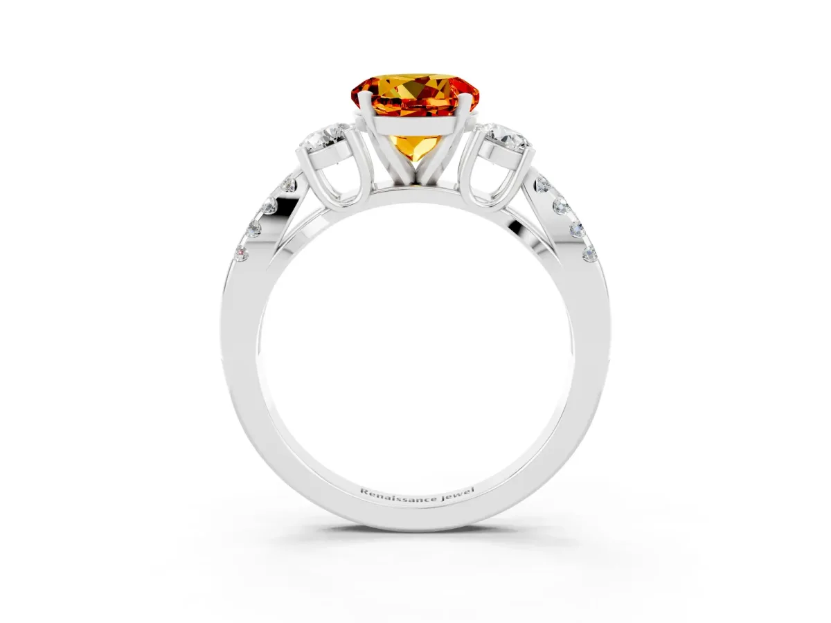 Round Cut Citrine Three-Stone Ring with Pavé Split Shank and Four-Prong Setting Silver