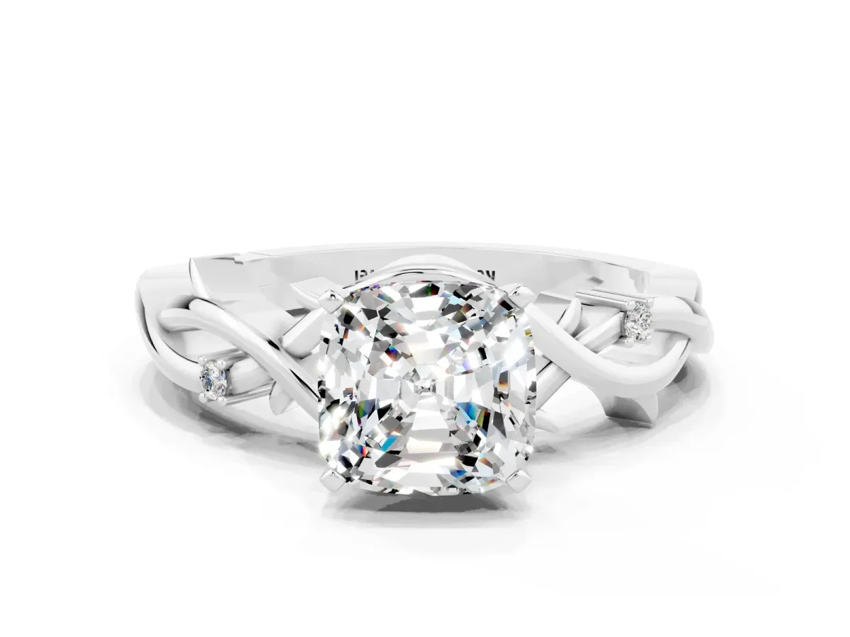 Cushion Cut Moissanite Solitaire Ring with Twisted Band and Prong Setting Platinum
