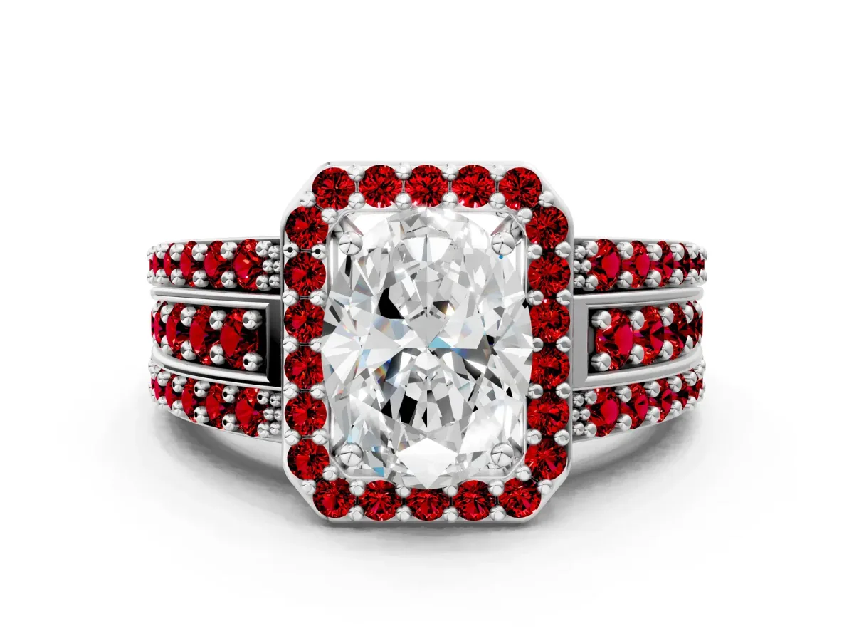 Oval Cut Halo Diamond Ring with Round Ruby Split Shank and Prong Setting White gold