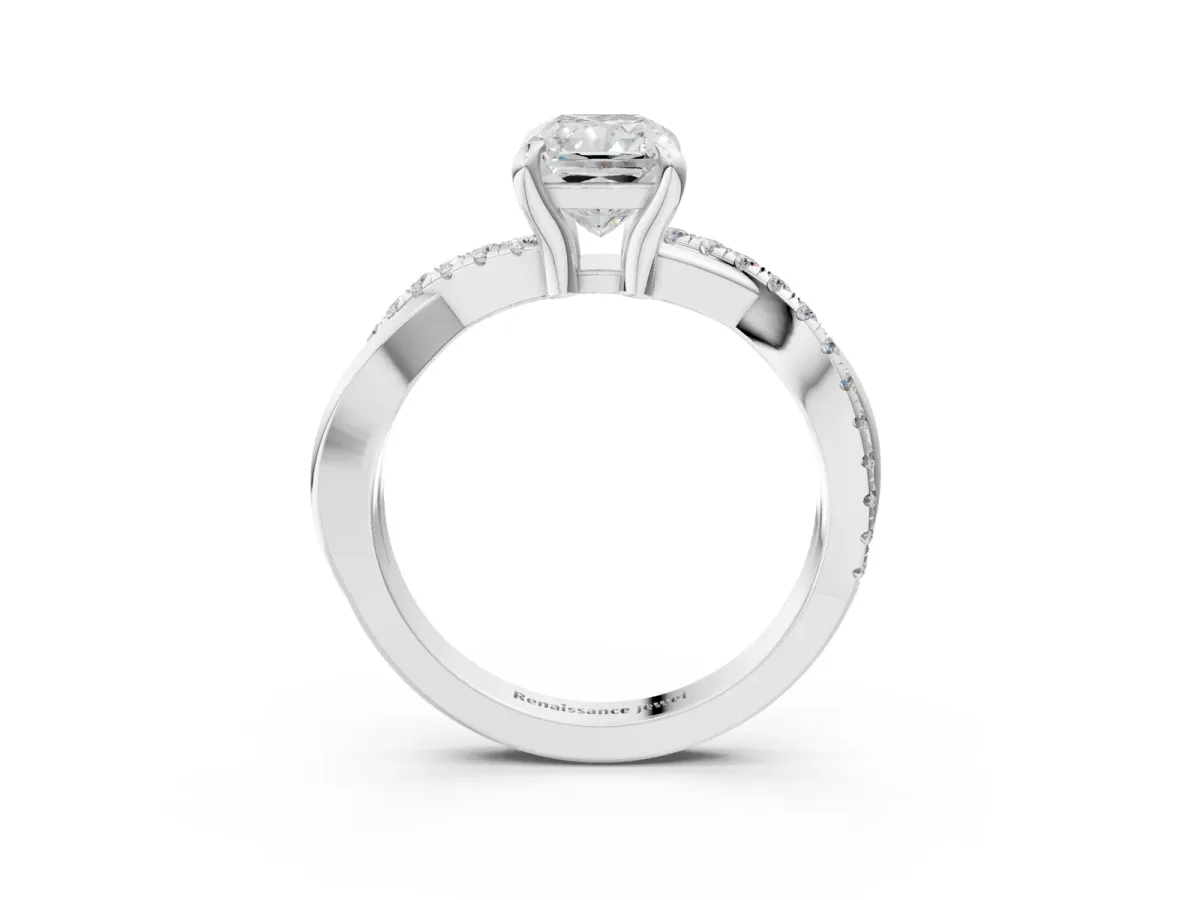 Radiant Cut Cut Twist Band Solitaire Diamond Ring with Pavé Setting Platinum