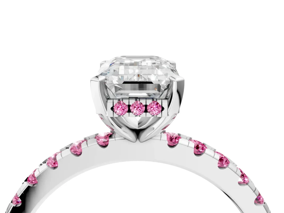 Emerald Cut Diamond Solitaire Ring with Round Pink Sapphire Pavé Band and Four-Prong Setting Silver