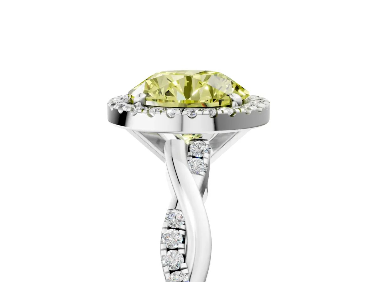 Fancy Yellow Round Cut Cut Halo Twisted Band Four-Prong Ring Platinum