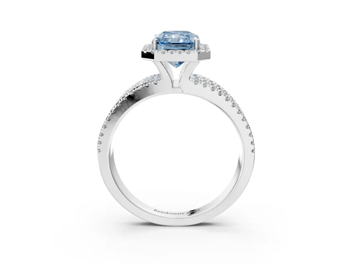 Fancy Blue Radiant Cut Diamond Halo Engagement Ring with Split Shank and Four-Prong Setting Platinum
