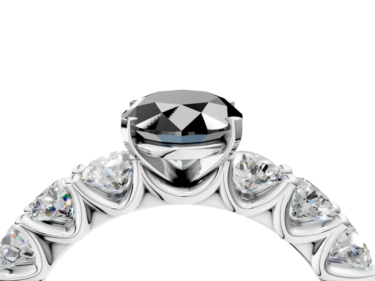 Fancy Black Oval Cut Diamond Prong Setting with Side Stones on a Pave Band Platinum