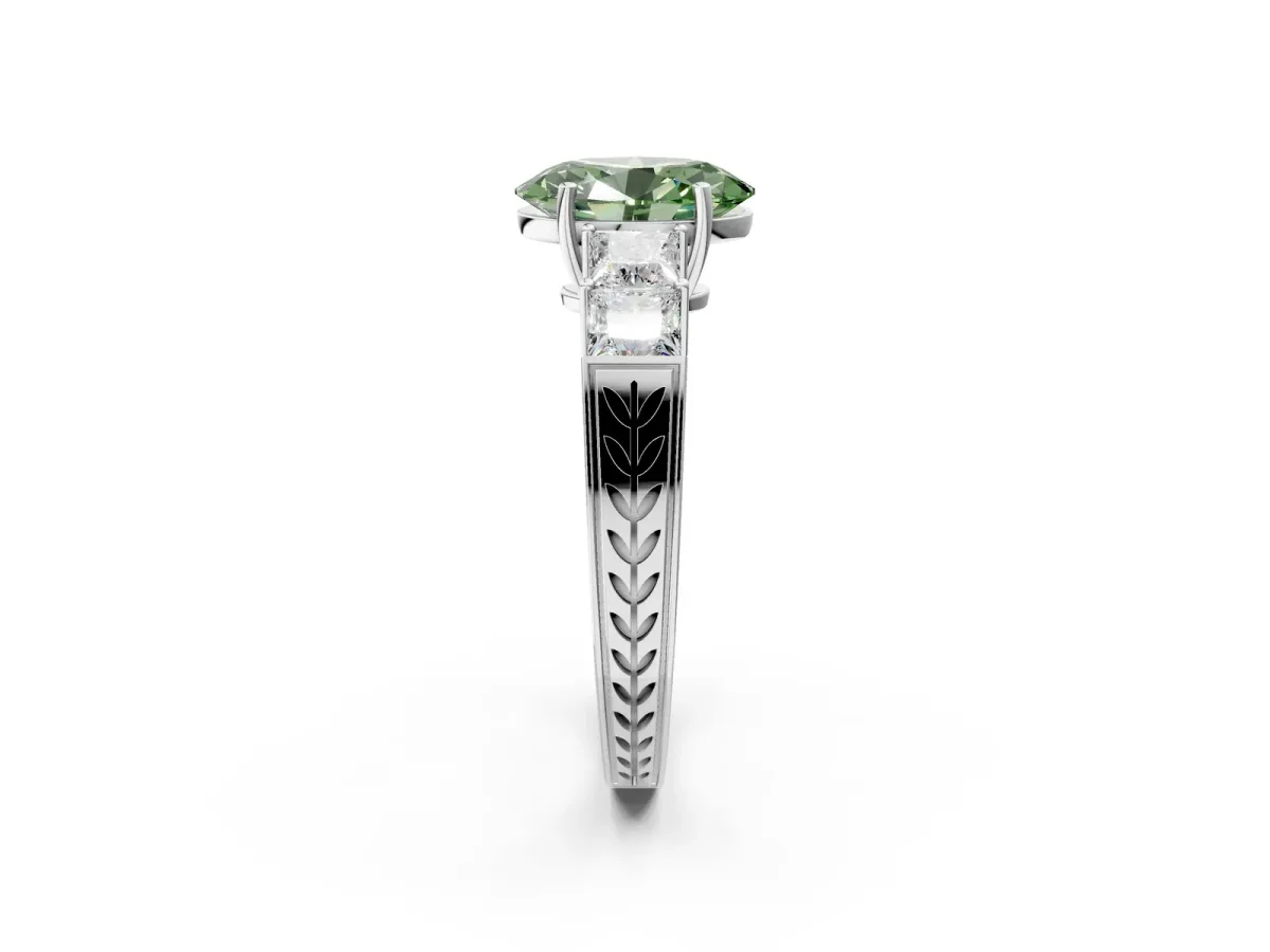 Fancy Green Oval Cut Solitaire Princess Side Stone Engraved Band Prong Setting Ring Silver