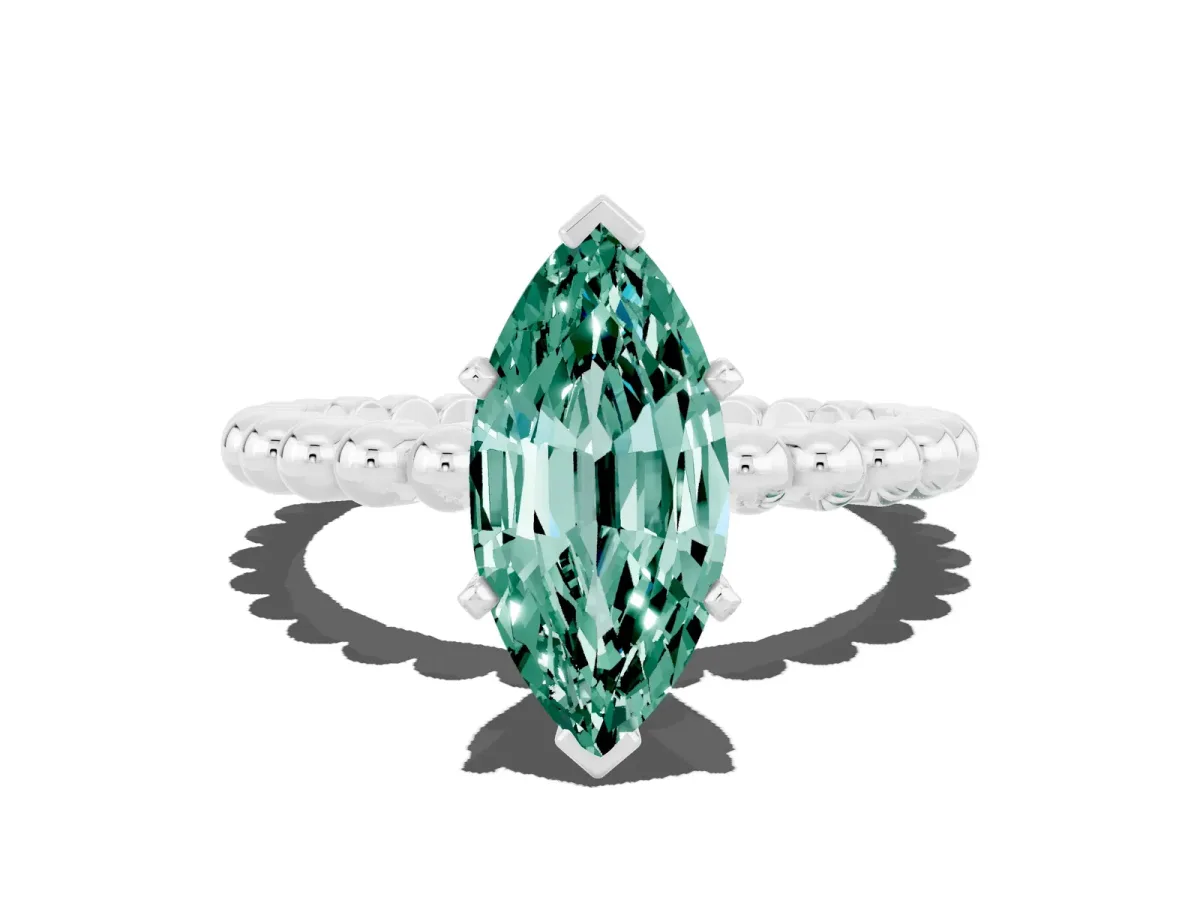 Marquise Cut Green Sapphire Solitaire Ring with Beaded Band and Prong Setting Silver