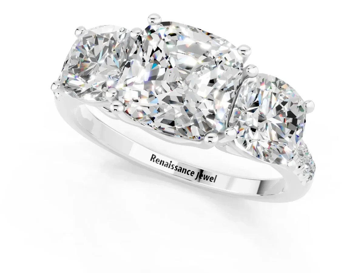 Three-Stone Cushion Cut Moissanite Ring with Round Pavé Band and Prong Setting Silver