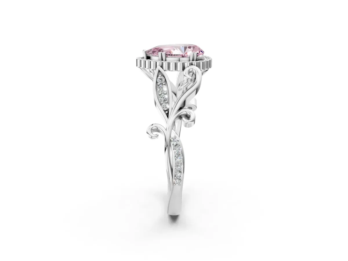 Fancy Pink Pear Cut Diamond Halo Ring with Vintage Split Shank and Four-Prong Setting Platinum