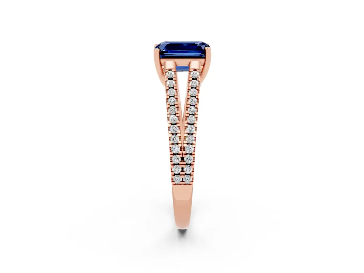 Emerald Cut Blue Sapphire Solitaire Engagement Ring with Split Shank Pavé Band Rose gold