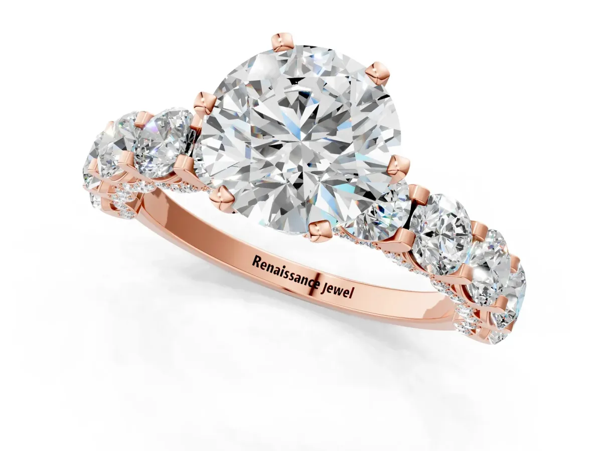 Round Cut Diamond Side Stone Engagement Ring with Four-Prong Setting Rose gold