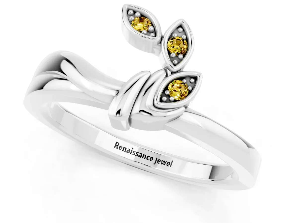 Three-Stone Round Yellow Sapphire Leaf Bypass Ring with Bezel Setting Platinum