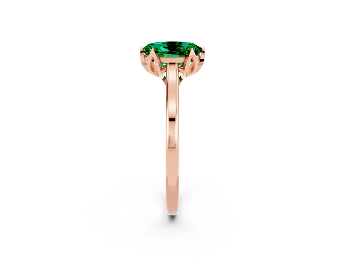 Oval Cut Emerald Solitaire Ring with Flower Prong Setting and Classic Band Rose gold