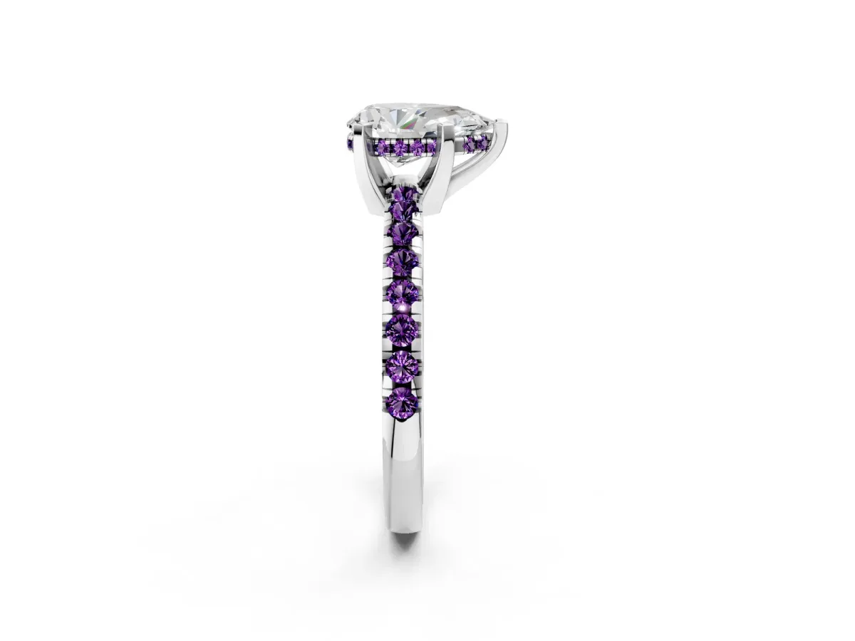 Pear Cut Diamond Solitaire Ring with Round Amethyst Pavé Band and Four-Prong Setting Silver