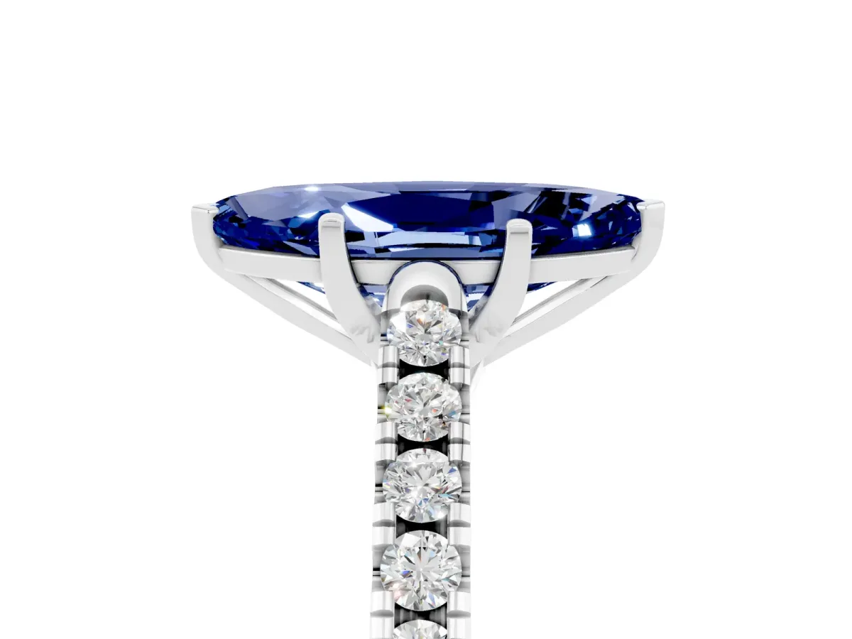 Marquise Cut Blue Sapphire Pavé Band Solitaire Ring with Prong Setting Silver