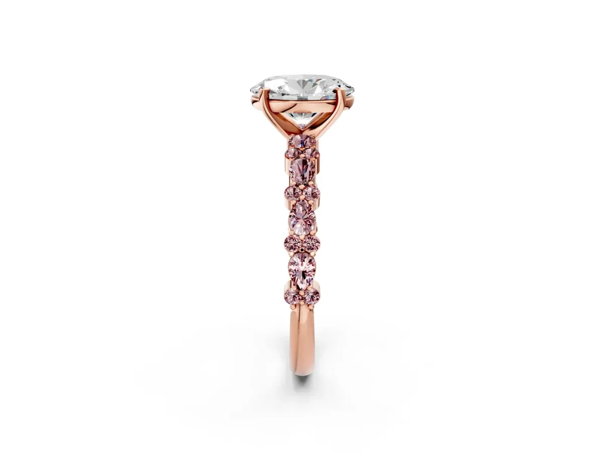 Oval Cut Diamond Side Stone Solitaire Ring with Round Morganite and Four-Prong Setting Rose gold