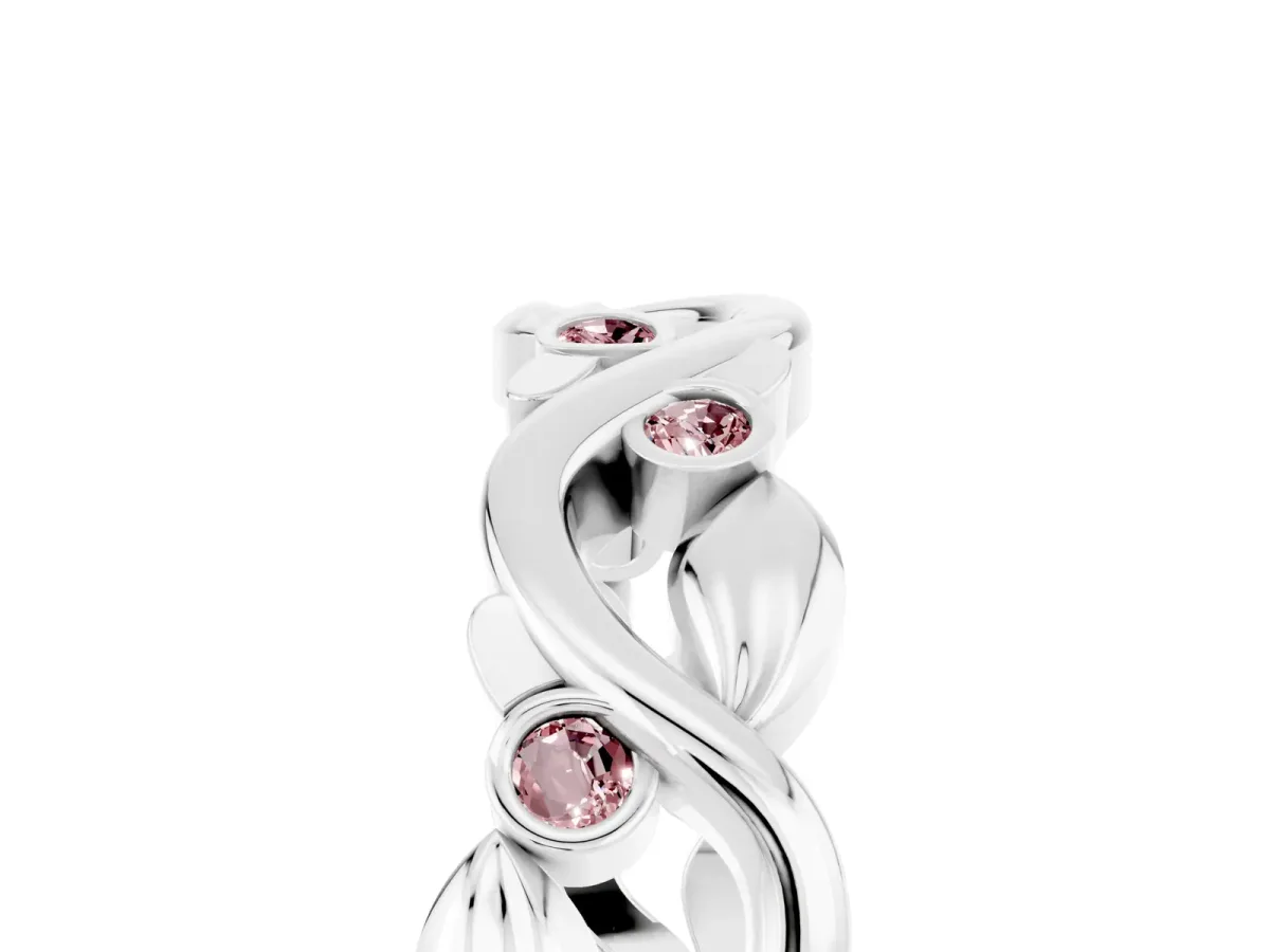 Round Morganite Leaf Eternity Band with Bezel Setting White gold