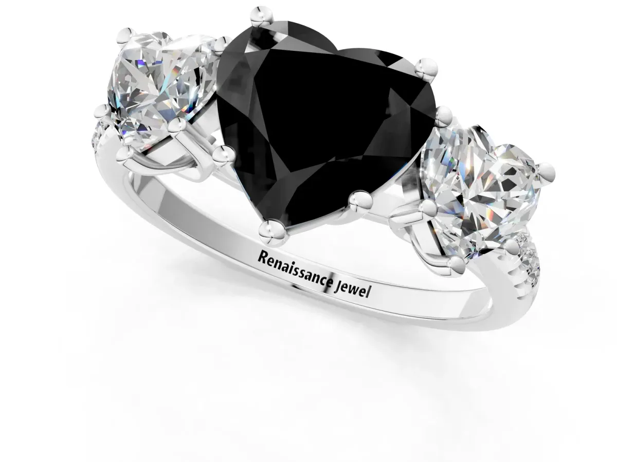 Fancy Black Three-Stone Heart Cut Diamond Ring with Round Pavé Band and Prong Setting Silver