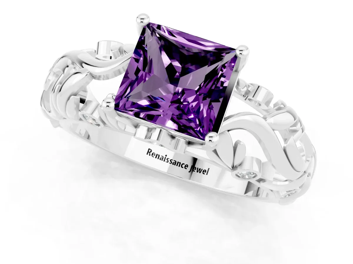 Princess Cut Solitaire Amethyst Leaf-Inspired Vine Band Ring with Prong Setting White gold