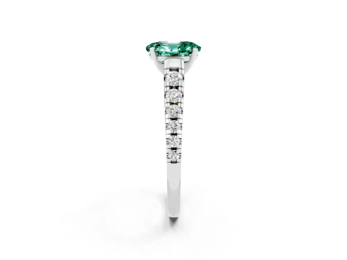Oval Cut Green Sapphire Cathedral Solitaire Ring with Round Pavé Band Silver