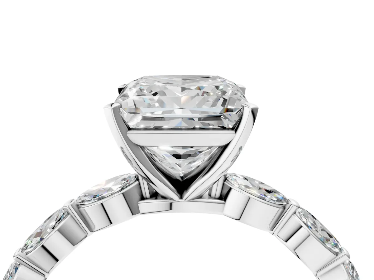 Princess Cut Diamond Ring with Marquise Side Stones and Prong Setting Platinum