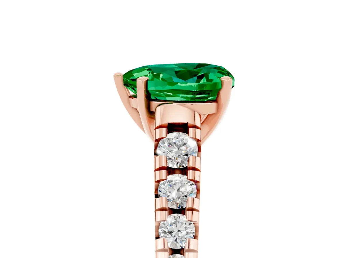 Heart Cut Emerald Cathedral Solitaire Ring with Round Pavé Band Rose gold