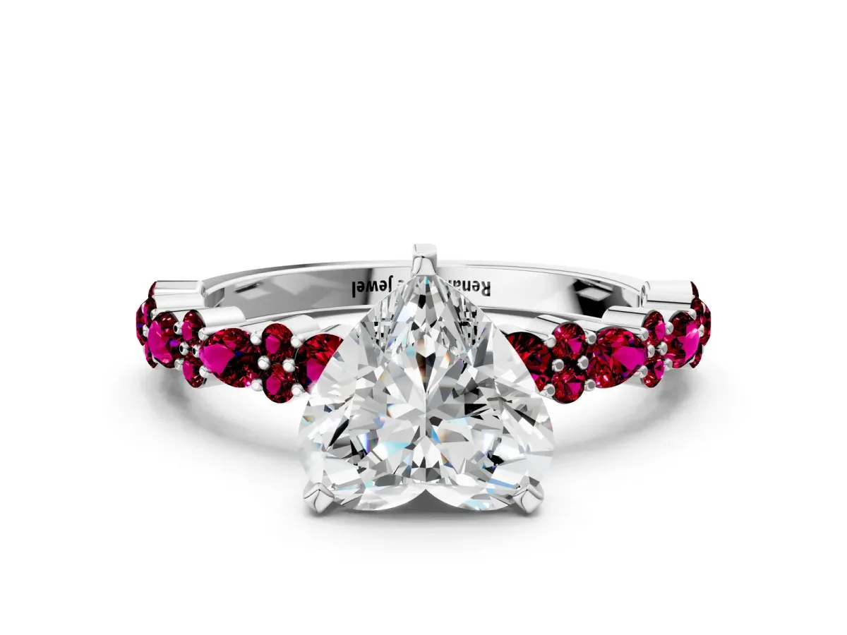 Heart Cut Diamond Side Stone Solitaire Ring with Round Garnet and Four-Prong Setting Platinum