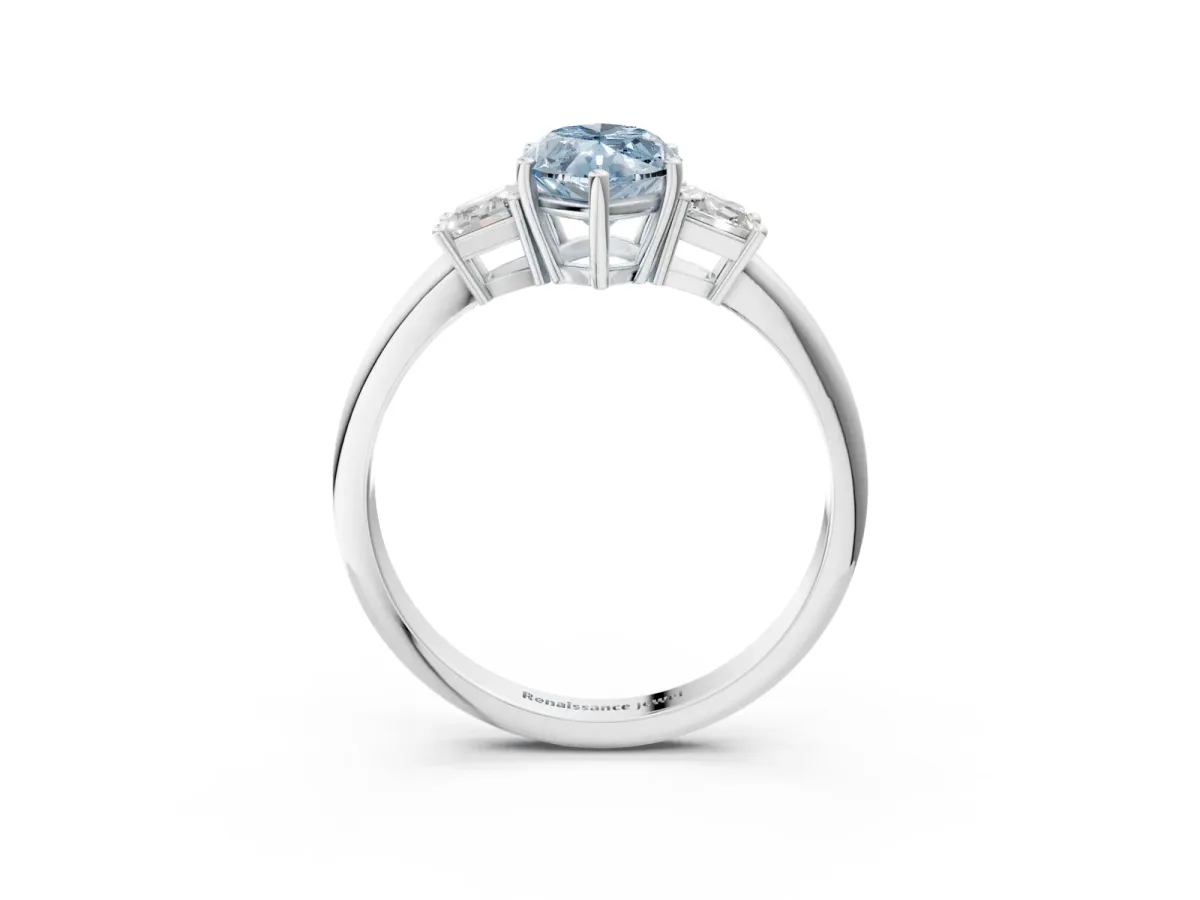 Fancy Blue Marquise Cut Diamond Three-Stone Ring with Trapezoid Side Stones and Prong Setting Silver