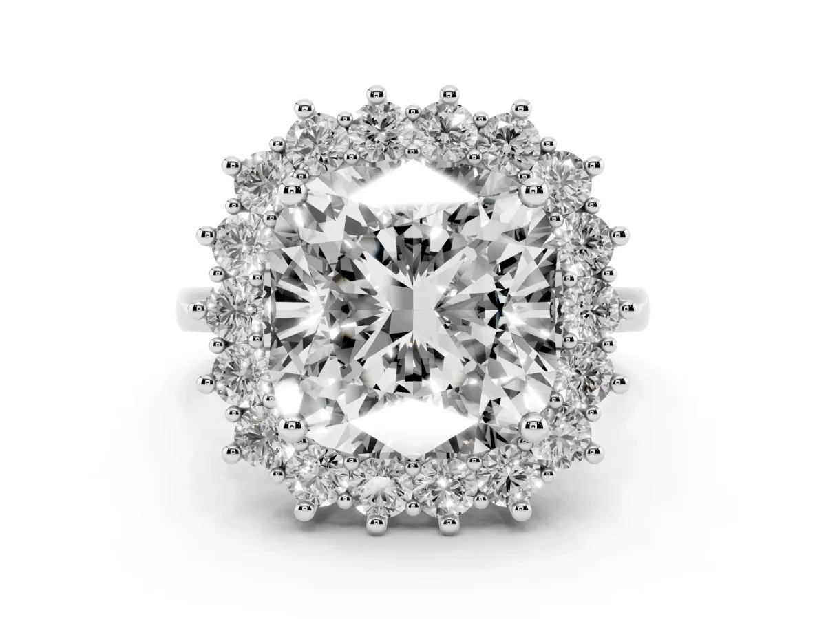 Cushion Diamond Halo Engagement Ring with Round Diamond Accents Silver