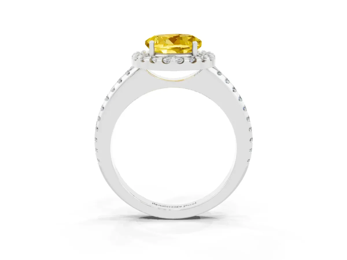 Round Cut Yellow Sapphire Pavé Halo Ring with Four-Prong Setting Platinum