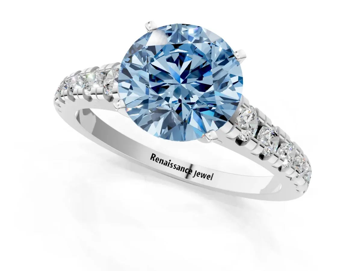 Fancy Blue Round Cut Diamond Cathedral Solitaire Ring with Round Pavé Band Platinum