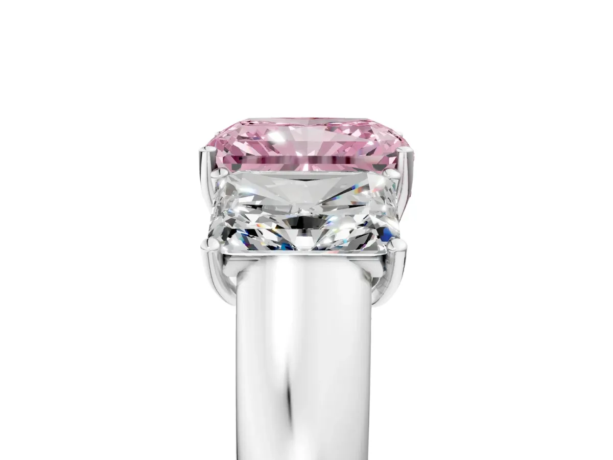 Fancy Pink Three-Stone Radiant Cut Cut Diamond Ring with Prong Setting and Classic Band Platinum