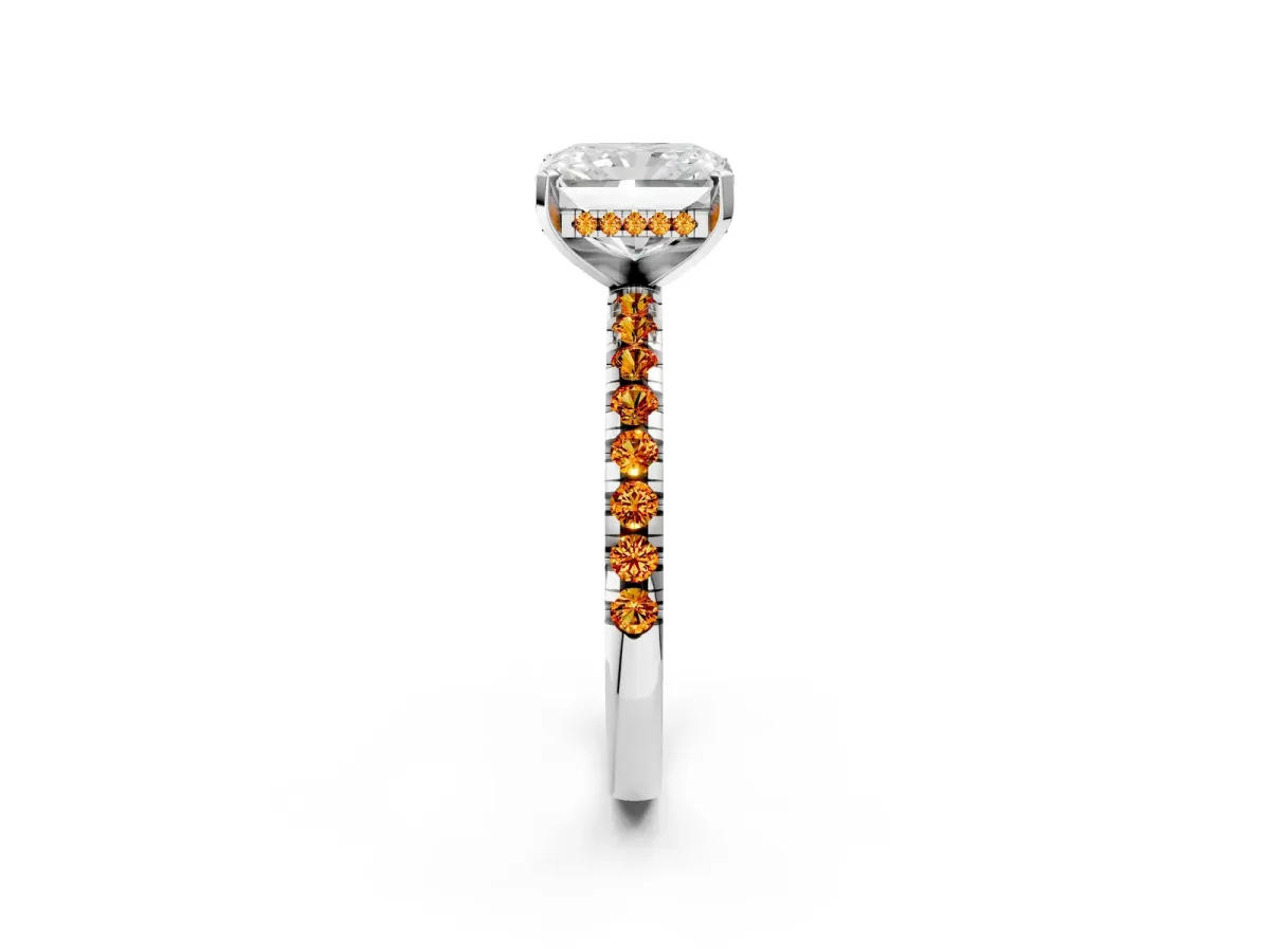 Radiant Cut Diamond Solitaire Ring with Round Citrine Pavé Band and Four-Prong Setting Silver