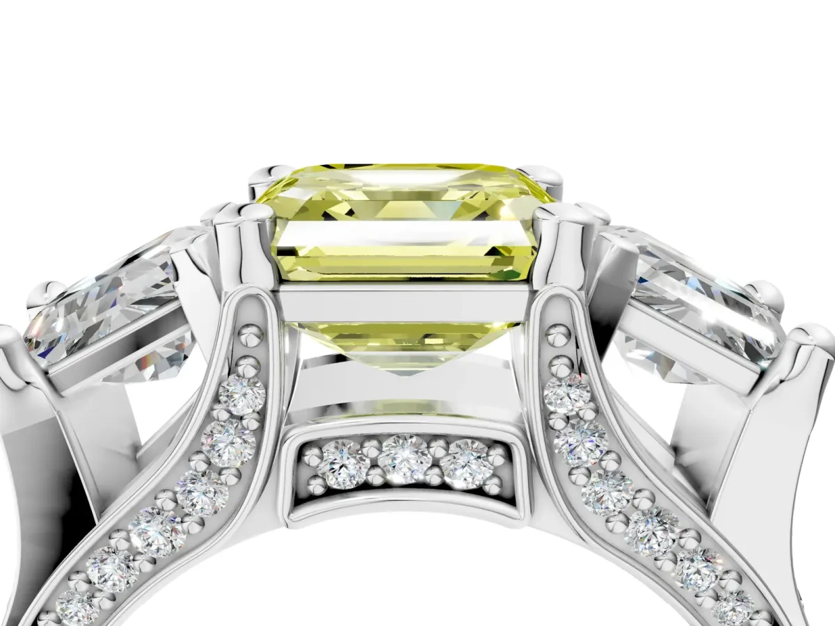 Fancy Yellow Asscher Cut Diamond Three-Stone Ring with Channel Set Band and Four-Prong Setting Platinum