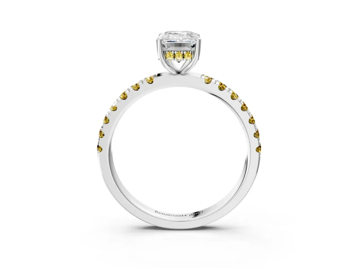 Emerald Cut Diamond Pave Band Solitaire Ring with Round Yellow Sapphire and Prong Setting Silver