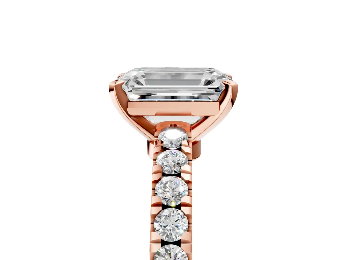 Emerald Cut Solitaire Diamond with Pavé Band and Four-Prong Setting Rose gold