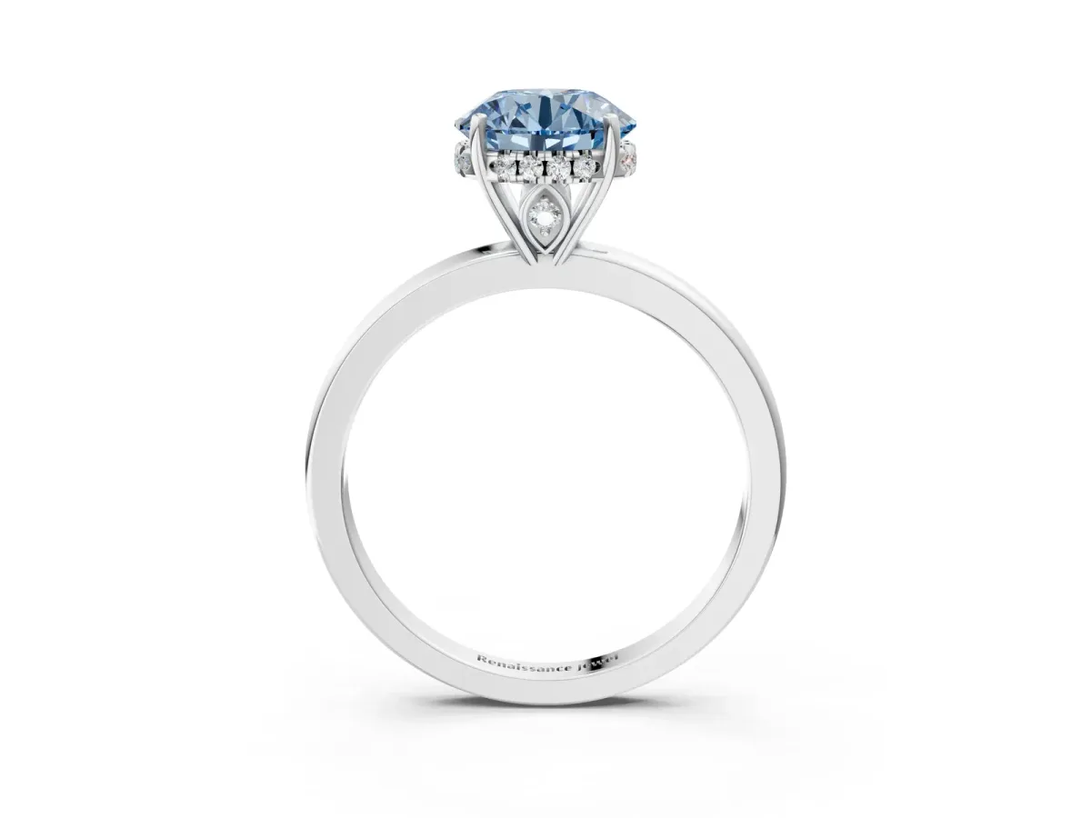 Fancy Blue Round Cut Solitaire Diamond Ring with Prong Setting and Plain Band Platinum