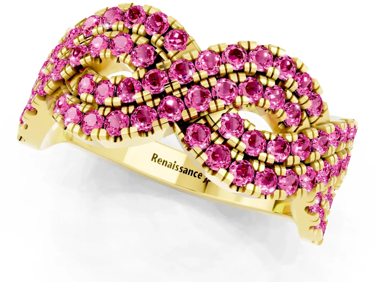 Pavé Round Pink Sapphire Infinity Twist Band with Shared Prong Setting Yellow gold