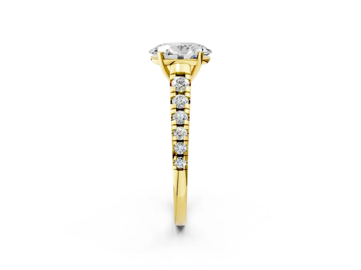 Oval Cut Diamond Cathedral Solitaire Ring with Round Pavé Band Yellow gold